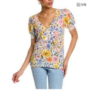 Boden Floral V-Neck Puff Sleeve Top